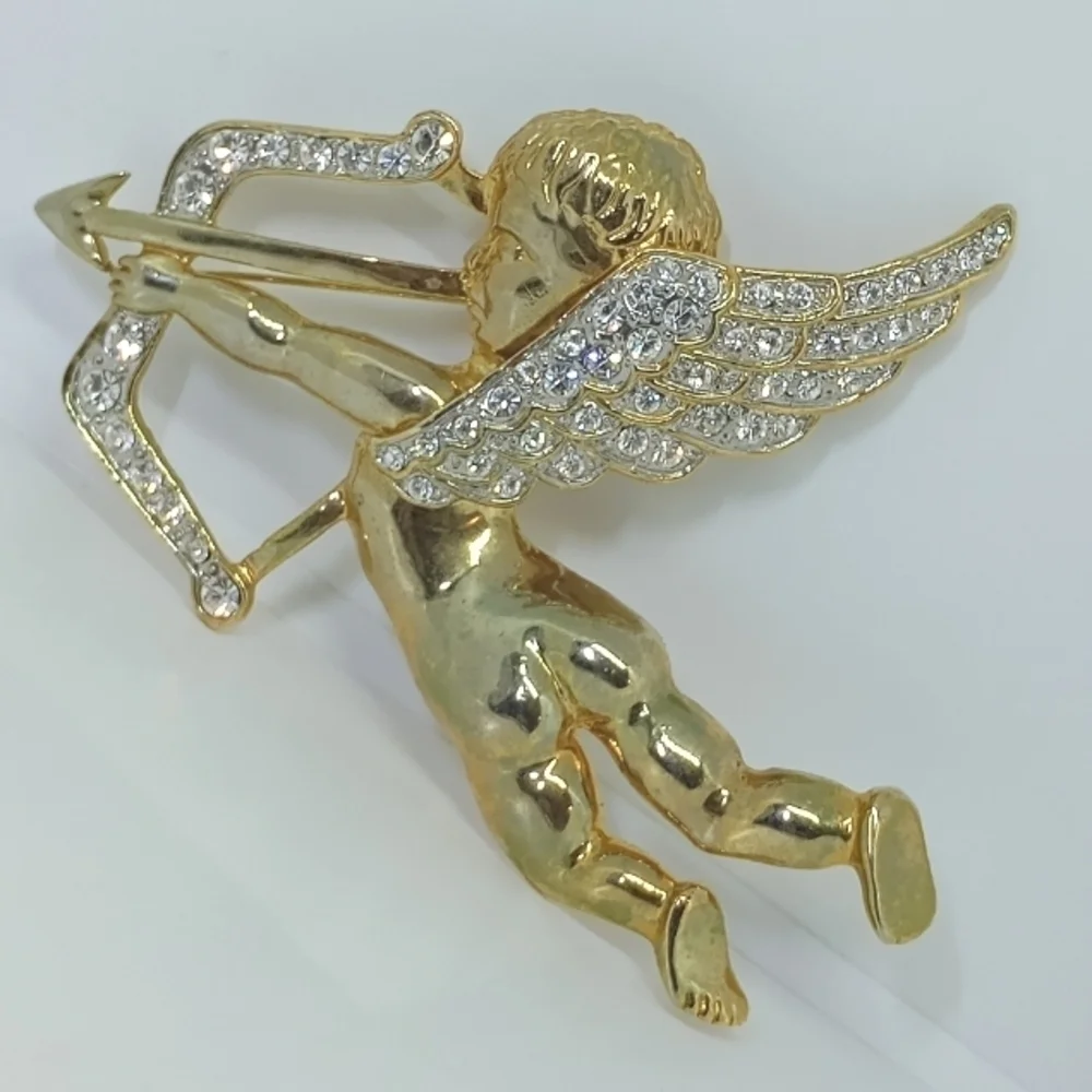 * vintage HUGE cupid Valentine cherub rhinestones pin brooch